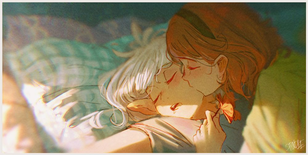 an illustration by Spindle of the character Ottilie, a human with short brown hair, leaning down and kissing her gf's Asimov (half-elf with white hair) cheek to wake her up, while holding a small red flower