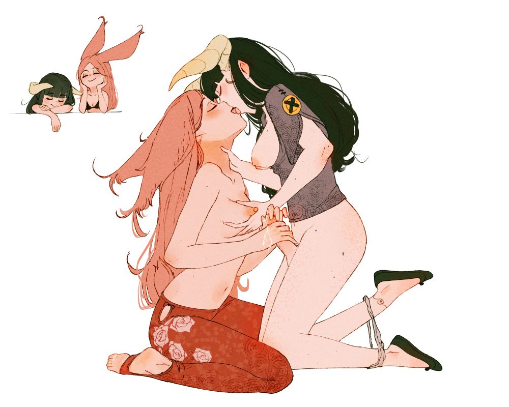an artwork by Spindle of the characters Felt (on the left), a rabbitfolk woman with reddish pink hair, sitting and kissing Nanami (on the right), while holding her penis in her hand. Nanami (a Wyrn trans woman (Wyrns are very distant species tangentially related to Wyverns) is on her knees, above Felt, kissing her back and grabbing her breast.

On the top left of the artwork is a stylized chibi version of Nanami and Felt (respectively), Nanami is leaning on her arms smiling, and Felt's head is leaning on her hands, equally as happy