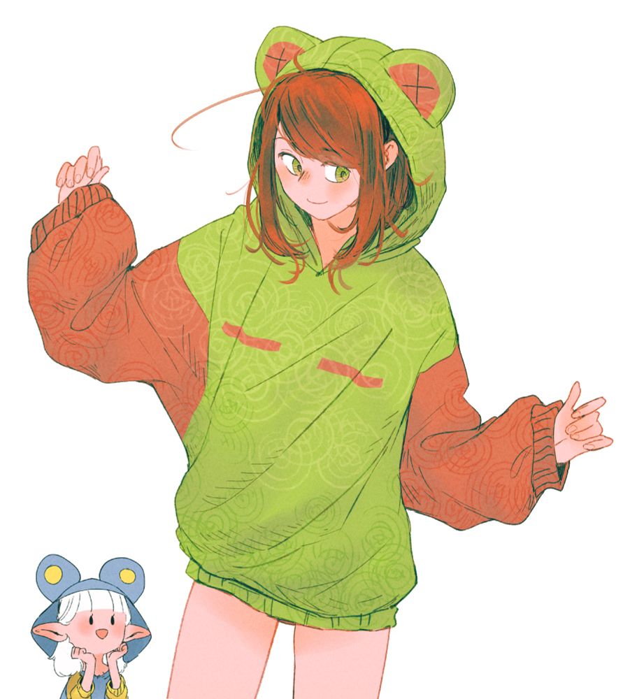 An artwork by Spindle of the character Ottilie (in the middle) wearing a baggy green and salmon-red hoodie with stuffed ears on the hoodie itself, and Asimov (on the left) in the background admiring her [gf], also wearing a hoodie. (Blue and yellow, with stuffed ears as well)