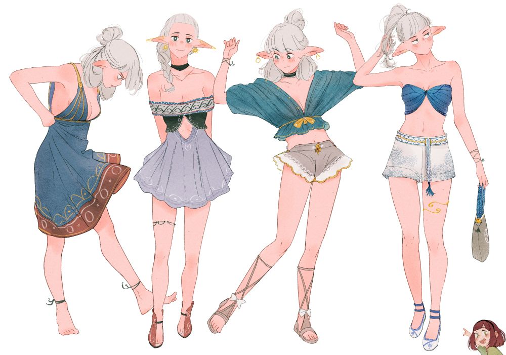 An artwork by Spindle of the character Asimov with some of her summer outfits, from left to right:
1 - Usual dress but sleeveless and with a red strip at the bottom, as Asi looks at it "why red"
2 - Fancy off-shoulder dress with red half-heels - hair tied up in a side braid
3 - Sheer cyan top with gold trim, short shorts, and sandals
4 - Butterfly croptop, white shorts, white and blue flats - hair tied up in a ponytail (lil Otti pointing at her can be seen)
2 - 