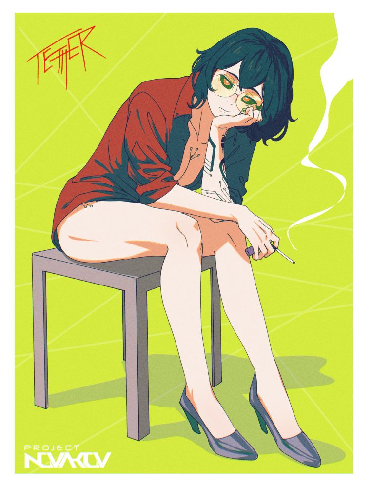 an illustration by Spindle of the character Tether, who's wearing a red shirt, no pants, and heels, smoking. The artwork is an anime style