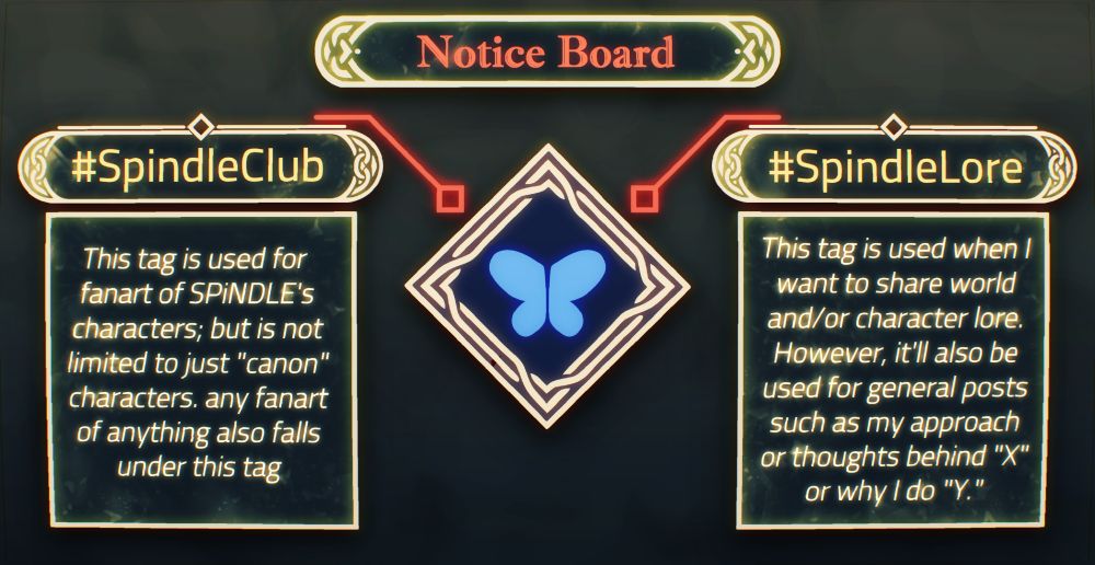 Text in the image that's styled after a game GUI:
Title: Notice Board
In the middle is a diamond shape with bluesky's butterfly icon that points to two text boxes, which are:
1- #SpindleClub: This tag is used for fanart of SPiNDLE's characters; but is not limited to just "canon" characters. Any fanart of anything also falls under this tag.

2- #SpindleLore:This tag is used when I want to share world and/or character lore. However, it'll also be used for general posts such as my approach ot thoughts behind "X" or why I do "Y."