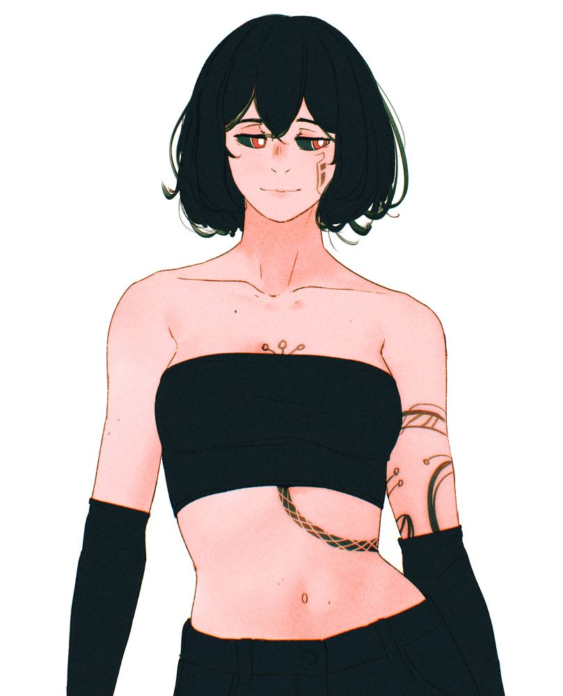 An artwork by Spindle of the character Tether, human with black short hair, cybernetic black and red eyes (sclera is black, iris is red, pupils are white), and wearing a black tube top, black arm sleeves (or covers idk what they're called) and black pants. She has tribal-techno tattoos on her left arm and left cheek, and a snake-like tattoo that starts on her back, over to her left side of her midriff to between her breasts. 