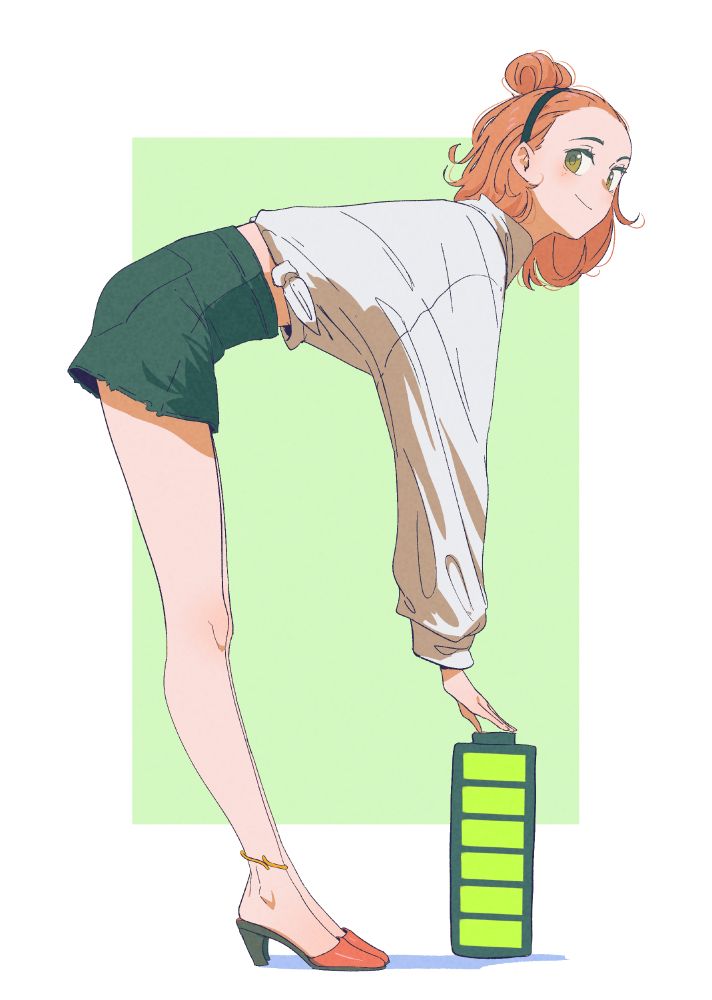an artwork by Spindle of a pink-haired character, wearing a white shirt, black shorts, red heels, while leaning over a "fully charged" battery