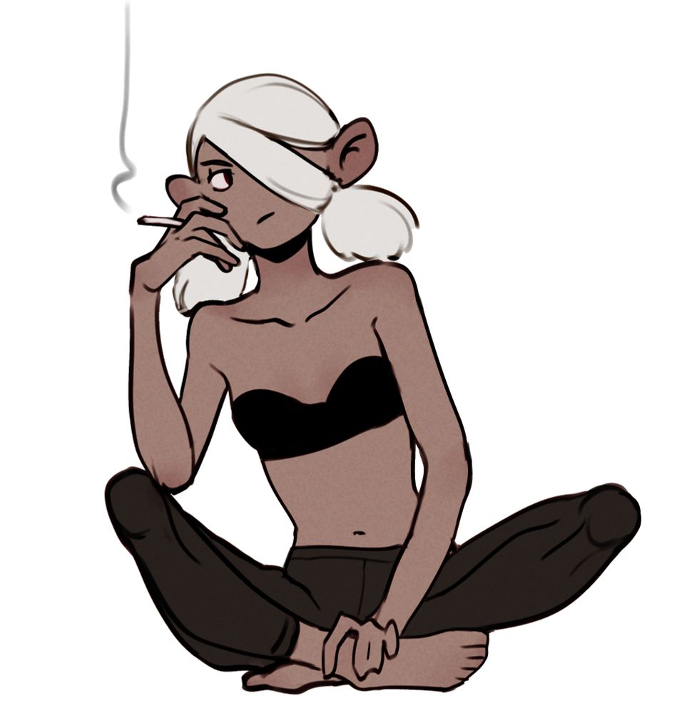 V sitting cross-legged and smoking