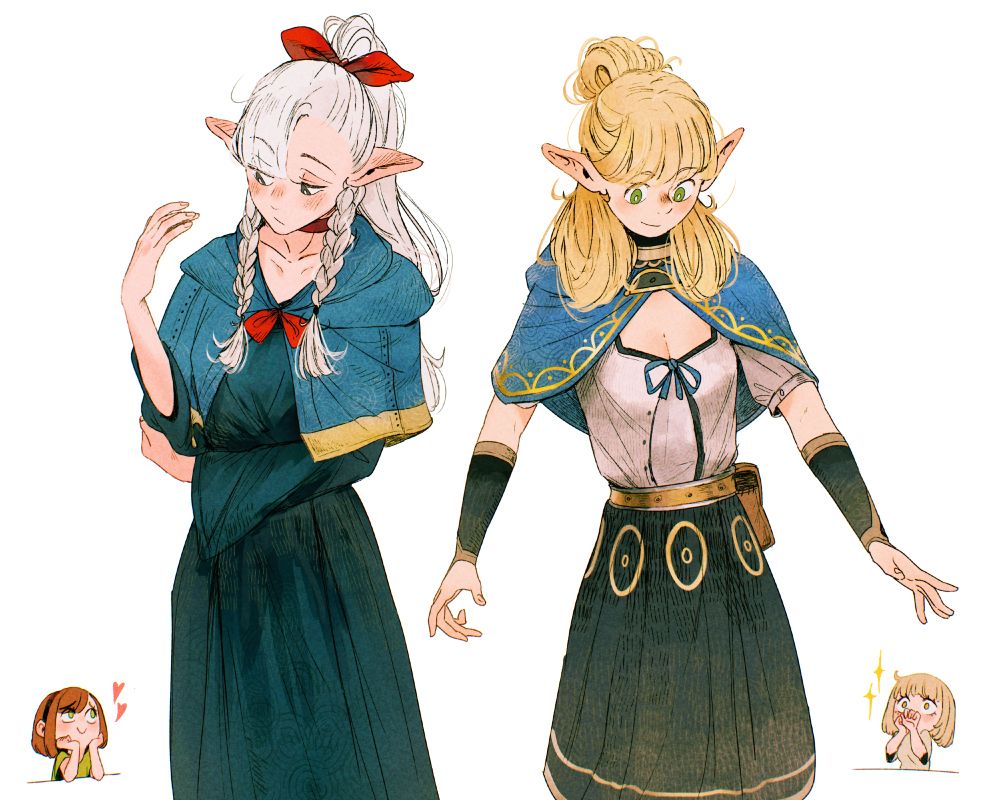 an artwork by Spindle of the original character Asimov (on the left) wearing Marcille's outfit and hairstyle, and Marcille (on the right) wearing Asimov's outfit and hairstyle. A chibi ottilie is behind Asi looking at her lovingly with hearts, and chibi Falin is behind Marcille looking at her with sparkly eyes