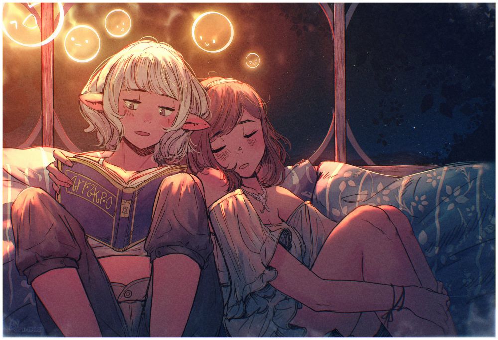 Asimov (with short hair in this particular piece, an elf girl reading a story to her gf, Ottilie, whos asleep on her shoulder. Asimov using her magic to summon light orbs to read in the night. Both girls are laying on a couch 