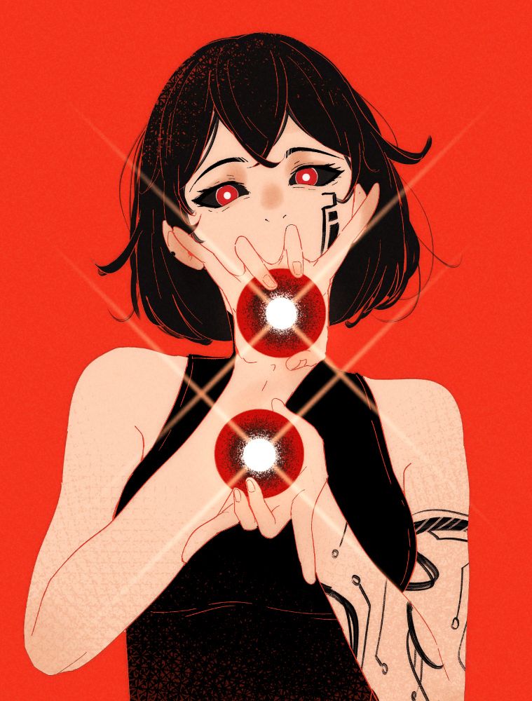 an illustration by Spindle of the character Tether looking at the viewer, holding two energy spheres on top of each other