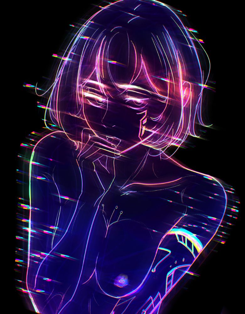 An illustration by Spindle of the character Tether with a stylized chromatic line-art brush (rainbow) 