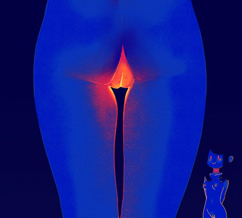 an artwork of Spindle's characters, Asimov in the foreground with only her butt and vagina visible, and Ottilie is in the background staring respectfully. The artwork is done from a stylized temperature scanner vibe