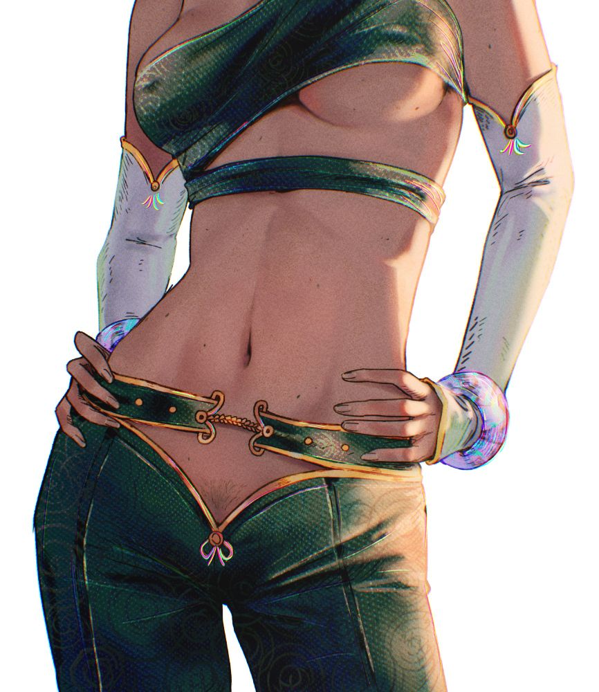 an illustration by Spindle of a dark skinned character wearing a black outfit (consisting of a crop top with a slit at the bottom showing one underboob, and pants that have a triangular cut below the belt). She has white arm disconnected sleeves, with iridescent bracelets. The focus of the piece is on the midriff