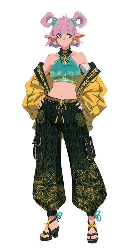 an artwork character design by Spindle of a pink-haired female character that has two buns, cyan crop top with a white and yellow trim, yellow glossy jacket with a black trim, baggy black pants with swirly gold patterns on the bottom, and black open sandals/heels. The character's right arm is cybernetic with a white marble finish