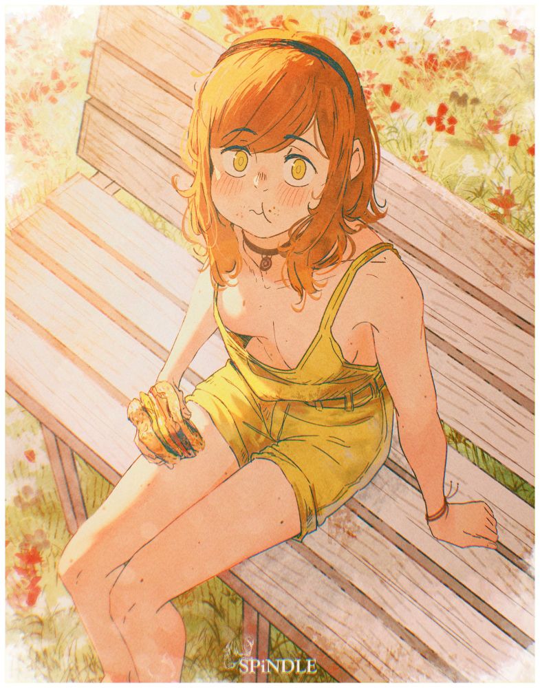 An illustration by Spindle of the character Ottilie, a brown/orange haired human female character wearing green overalls, sitting on a bench in a flower field eating a burger whilst looking at the viewer
