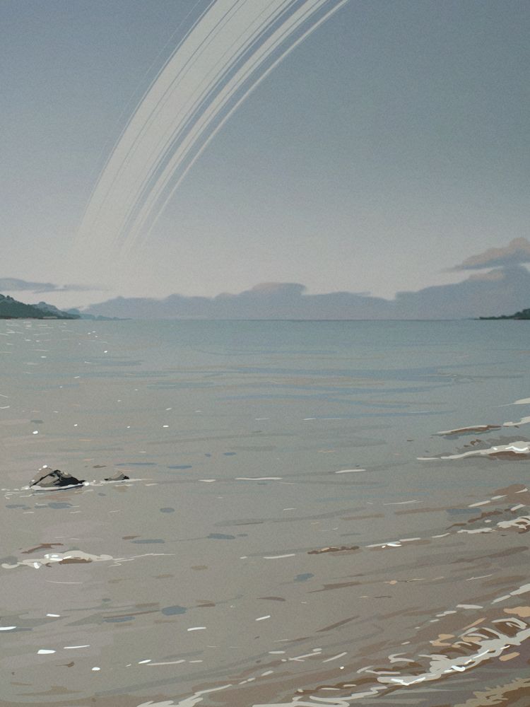 an illustration by Spindle of a beach scenery. Few clouds are seen on the horizon, small mountains on each side, and planetary rings in the sky