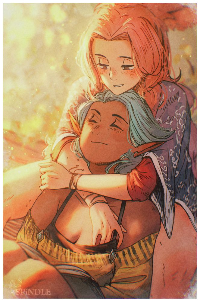 an illustration by Spindle of the characters Felt (a pink-haired bunnygirl) and Therese (blue-haired elf). Felt is seated on top and behind Therese while hugging her (and her fingers dipping under Therese's bra purely out of "it feels warm"), and Therese is on the bottom and between Felt's legs, looking upwards and smiling while holding a book. 