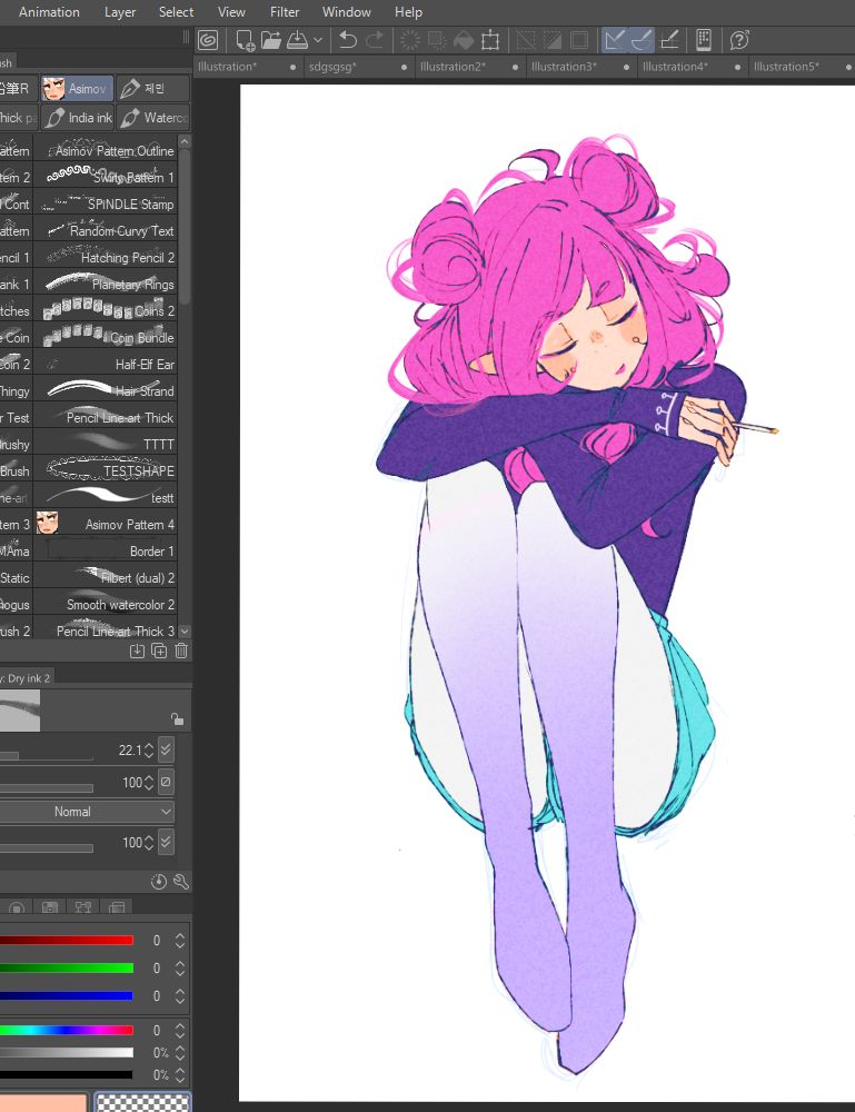 an screenshot of CSP showing an artwork by Spindle of a random character that has magenta hair in two buns, wearing a purple turtleneck, cyan shorts, white leggings that end with a pastel purple gradient. The character is leaning on her knees and smoking
