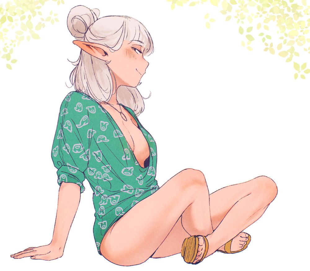 an artwork by Spindle of the original character Asimov sitting cross-legged, while looking smug with a side eye to the camera/viewer. Her outfit consists of a cyan low-cut top with 