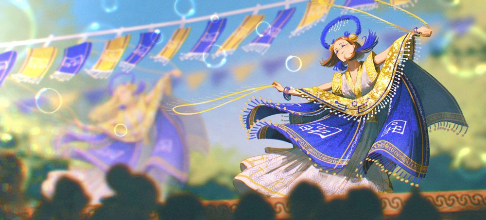 An illustration by Spindle showcasing an in-universe cultural dance performed during the Harvest Festival. The focused character is Ottilie who's wearing the traditional festival dress