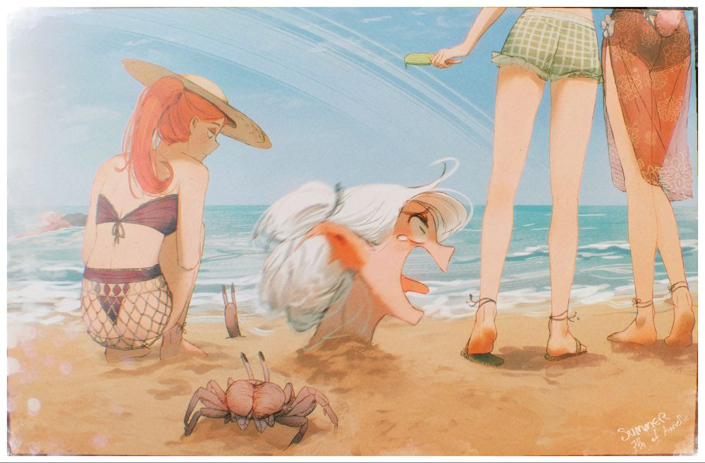 an artwork showcasing Spindle's characters: Left to right:
- Izaria in the distance, floating on her back, looking at the characters in the foreground. (Appearance: Catfolk, white hair, dark skin, black onesuit)
- Kitt crouching and looking at a Bugcrab larvae popping out of the sand. (Appearance: Sunhat, redhair tied up in a ponytail, dark "wine red bikini, fishnet shawl on her bottom.
- Asimov: In the utmost foreground, yelling and screaming for Ottilie (her gf) to help her get her out of the sand and get the Bugcrab away. (Appearance: Whitehair half-elf)
- Ottilie: Standing and looking at the horizon, only her bottom half is visible. She's holding an icepop. (Appearance: Green and white checkered bikini, sandals, anklets)
- Felt: Same as Otti, standing next to her. (Appearance: Black underwear, red semi-transparent shawl with white floral print, barefoot, anklets, Pink bunny tail)

In the foreground, a Bugcrab (Winged crab) is coming to look at Asi