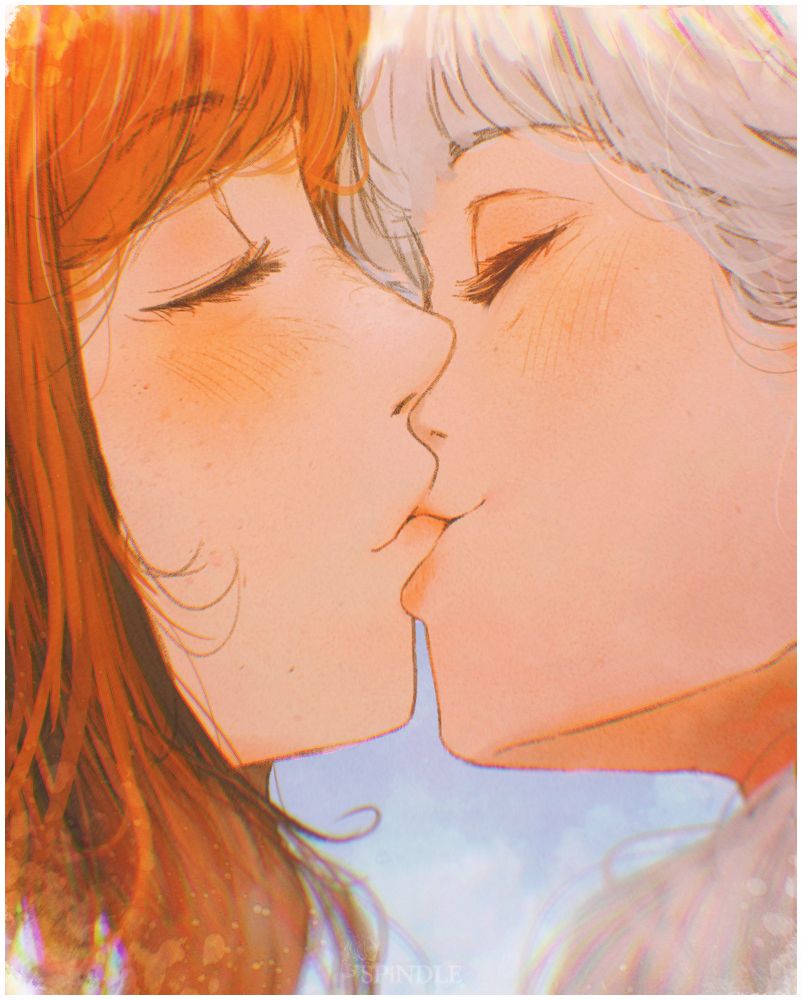 An illustration by Spindle of the character Asimov (a white haired half-elf - on the right) kissing Ottilie (a brown (appears as orange here) haired human - on the left) on the lips