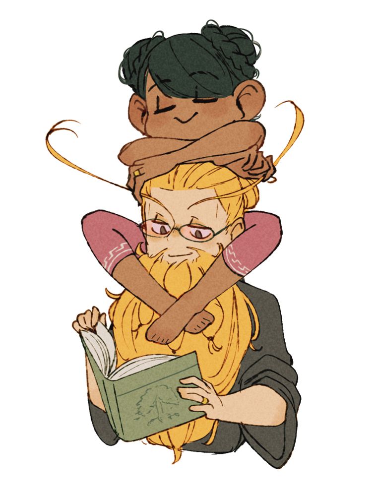 doodle by Spindle of the characters Tess (halfling woman with black hair in two buns) sitting and leaning on top of Halden (human man with blonde hair and thicc massive beautiful amazing glorious beard and thicc long antenna majestic eyebrows), who's reading a book 