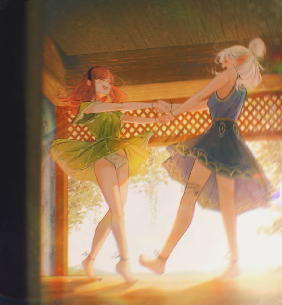 an illustration by Spindle with the characters lesbiab couple Ottilie (on the left) and Asimov (on the right) dancing together in their house in an open patio (is that what's this called?) 