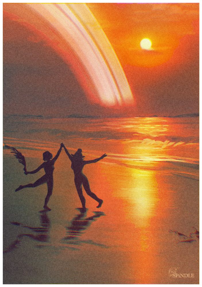 An illustration by Spindle of a sunset on a beach, planetary rings are seen in the sky, and to the left are the dark silhouettes of characters Asimov and Ottilie dancing together while nude. To the right of the canvas is a small dark patch being their bikini