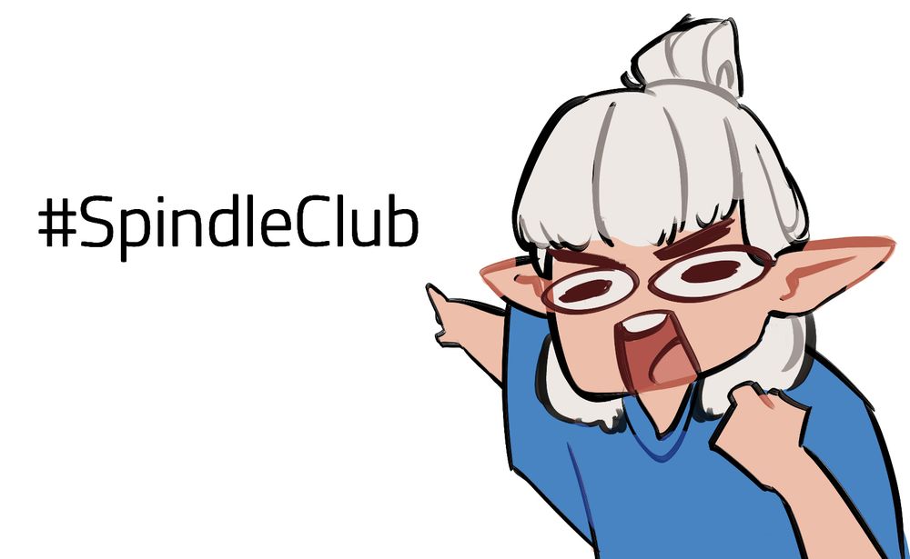 Spindle's character- Asimov, pointing at the text "#SpindleClub"