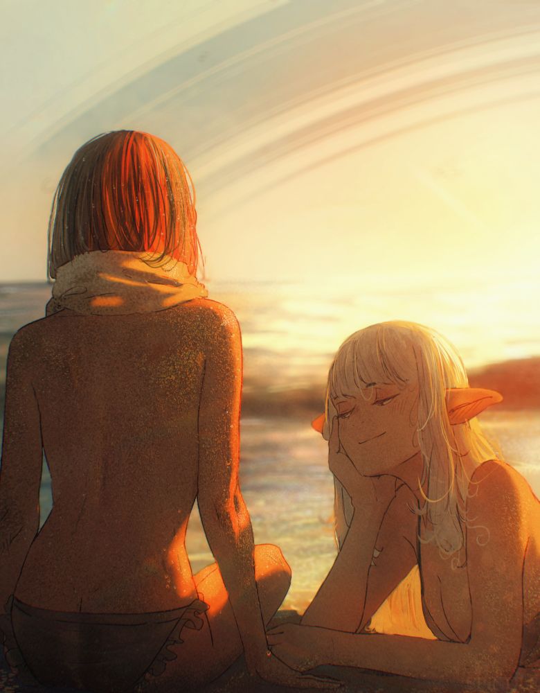 an illustration by Spindle of the characters Ottilie (on the left) sitting on the beach, with sand on her body and a towel around her neck, and Asimov (on the right) leaning down, looking with half-lidded eyes between Otti's legs. The background consists of a beach at sunset, with planetary rings visible in the sky.