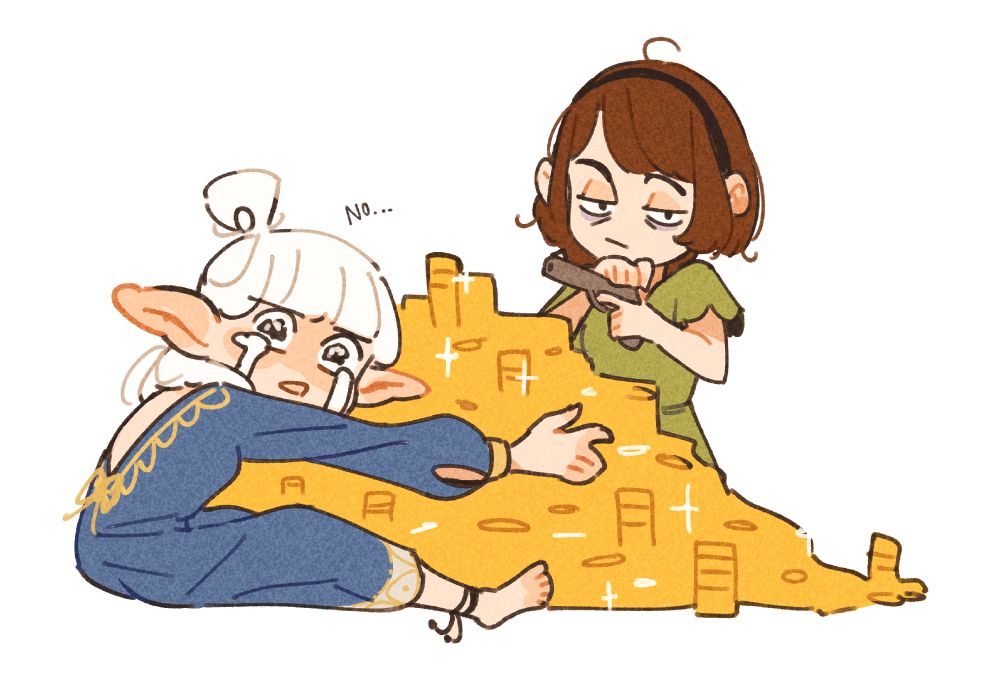 a doodle by Spindle of the characters Asimov (on the left, a half-elf woman with white hair tied up in a bun), hugging and protecting a pile of gold coins while crying and saying "no..." - Behind the pile of gold is Ottilie (human with short brown h air and a black hairband) reloading a pistol, looking with the vengeance of a murderer 