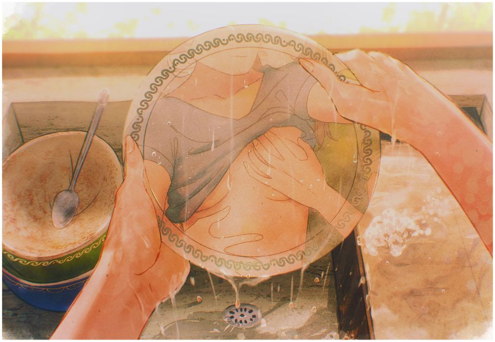artwork of Spindle's character, Asimov, doing the dishes. The artwork is from the POV of Asimov, as she finished cleaning a plate that's reflecting her back while Ottilie is behind her, grabbing her breasts and about to kiss her cheeks.