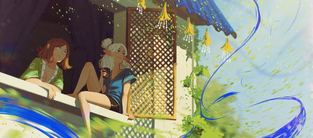 An illustration by Spindle of the characters Ottilie, a human with brown hair wearing a green shirt, next to Asimov, a half-elf with white hair wearing a blue shirt, looking out of the window watching the Harvest Festival's 