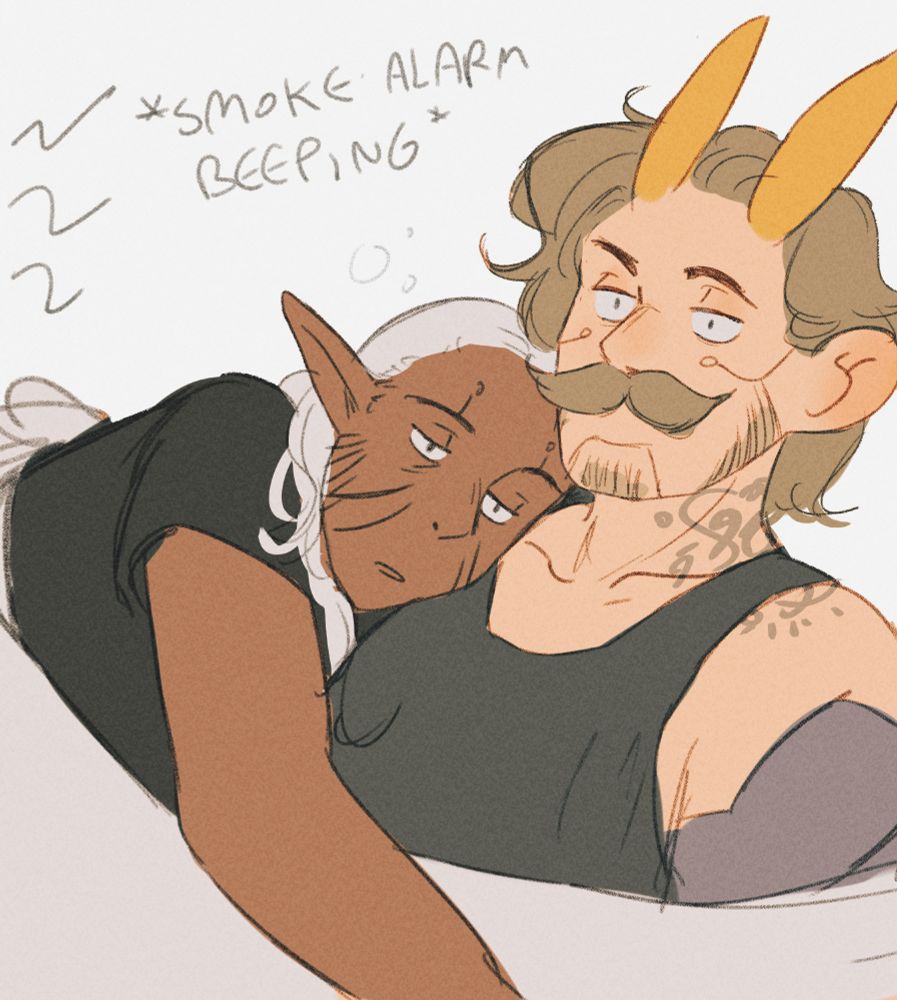 doodle showing Apollo and Matteo having just woken up from a cuddle, as the smoke alarm beeps them awake