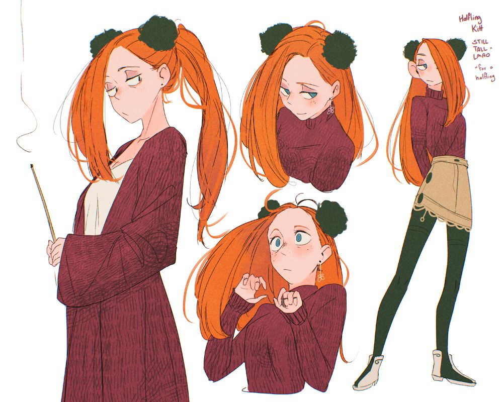 Doodles by spindle of the character Kitt (Katarina). 
1) On the left, Kitt is wearing a burgundy robe, standing and looking tired/unamused to the side, while holding an incense stick
2) Top middle, a top-down view of Kitt smiling
3) bottom middle, bottom-up view of Kitt looking surprised and flustered
4) on the right, a halfing version of Kitt, wearing a burgundy sweater, beige pencil skirt, black leggings, and half-open white boots. The text next to the doodle reads "Halfling Kitt - Still tall lmao* - *for a halfling"