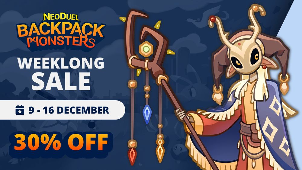 An artwork with a Cosmion from Neoduel Backpack Monsters next to a text that reads as Weeklong Sale, 9-16 December, 30% off