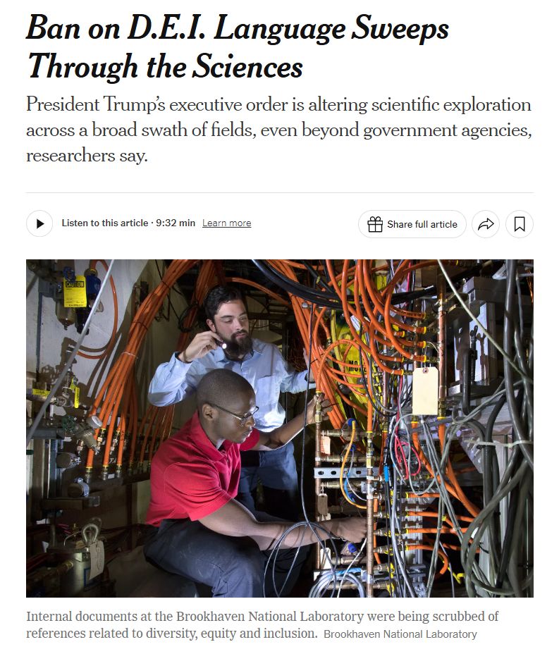 Screenshort of New York Times article titled "Ban on DEI language sweeps through the sciences"