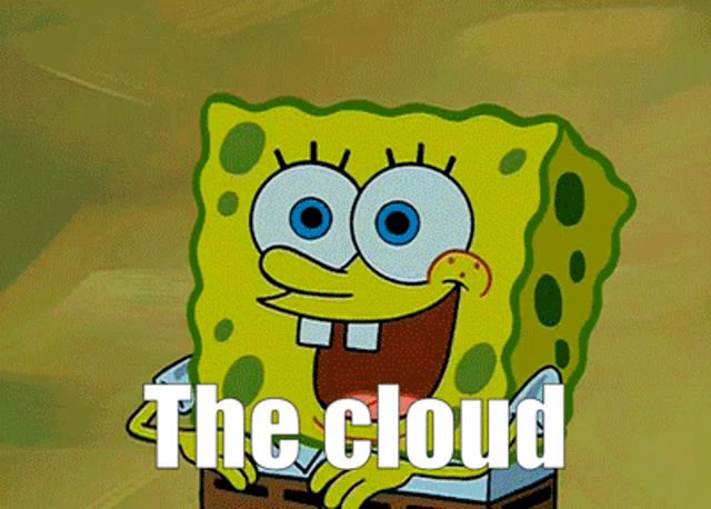 a cartoon character named spongebob is holding a box with the words " the cloud " written on it