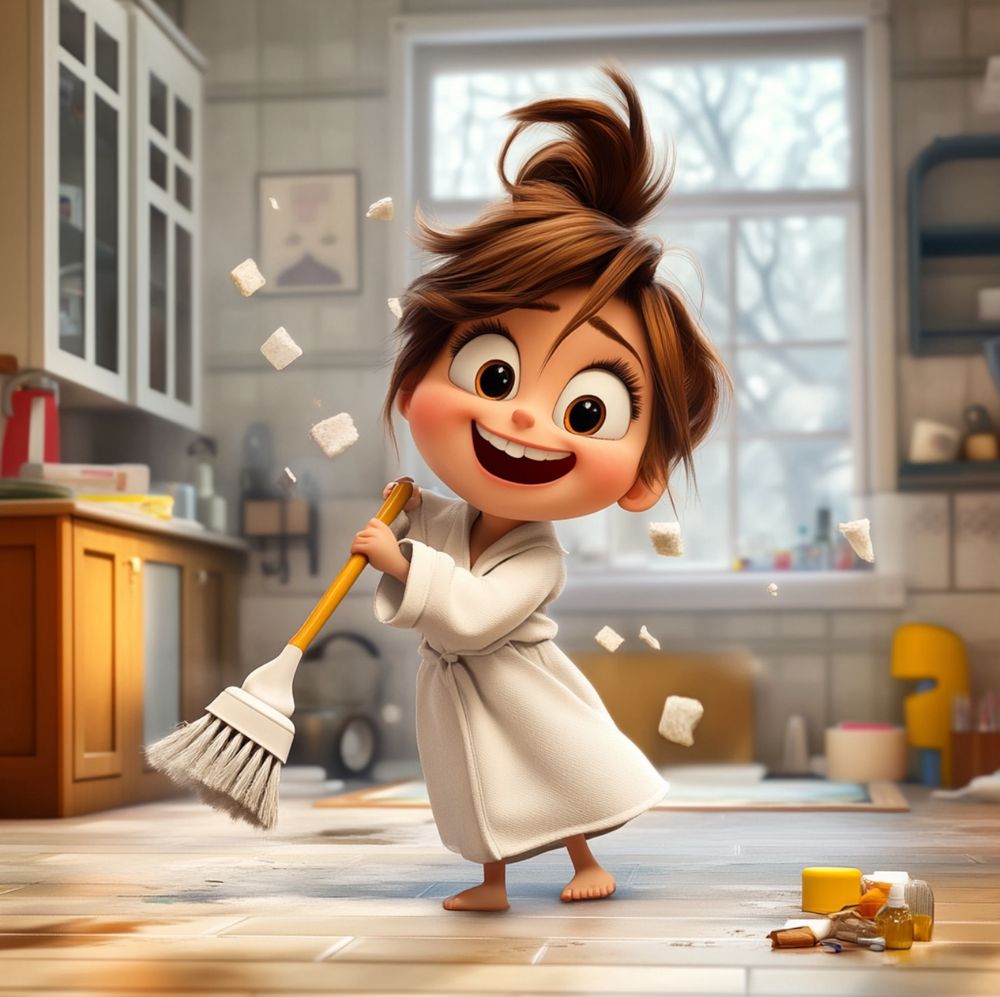 A cartoon character of a woman in her bathroom cleaning up with dust flying.  AI generated. 
