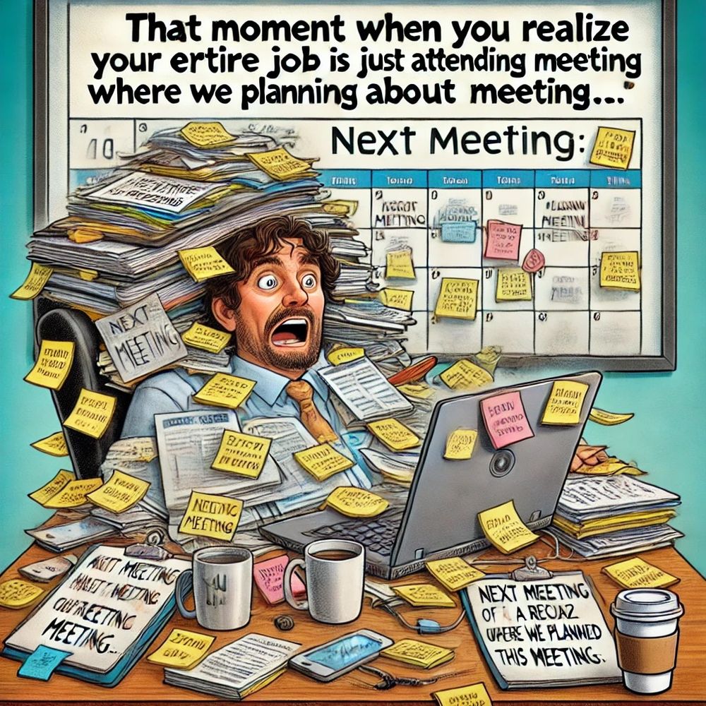 
A cartoon-style digital illustration of a tired office worker slumped at their desk, surrounded by stacks of paperwork, coffee cups, and sticky notes. The computer screen shows an endless calendar filled with meetings. The worker looks exasperated. Bold text on the image reads: “Next meeting: A recap of the last meeting where we planned this meeting.”