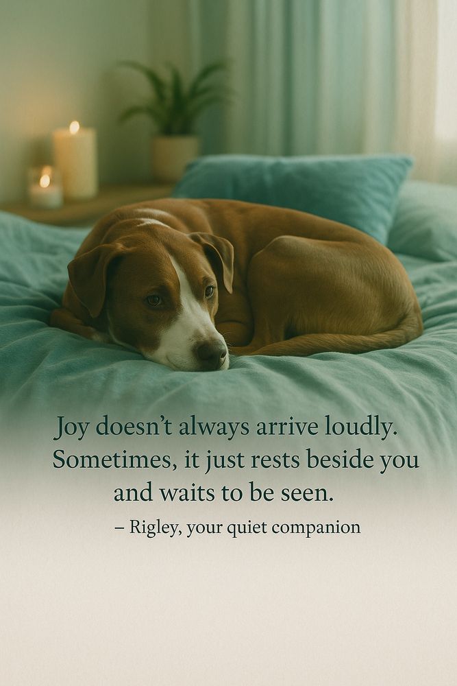 This is an AI image of my dog Rigley.  Rigley is pure comfort in dog form. The image is a whole mood: soft light, cozy blankets, and those soulful eyes looking like he’s reading your heart without a single word. That is joy. It might be quiet, it might be gentle, but it’s real.

Rigley doesn’t care if your heart feels off. He just wants to be near you. And maybe that’s the point - joy might not roar in all the time. Sometimes it just curls up next to you and waits patiently for you to notice.