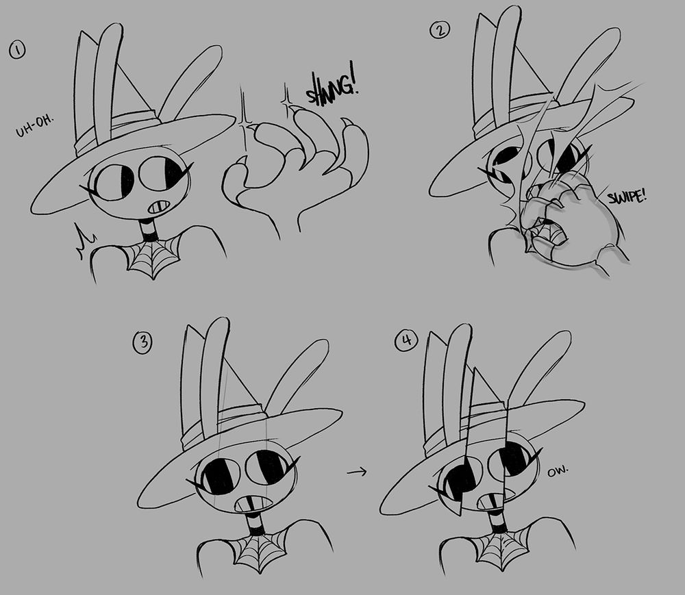 A series of sketches that show Jax looking to Pomni's clawed hand, prepared to attack. He mutters, "Uh-oh" where the next panel shows the claws slashing across his face. The third panel shows him with a shocked expression that leads into the final panel where his head has been sliced apart. He lets out a single "Ow."
