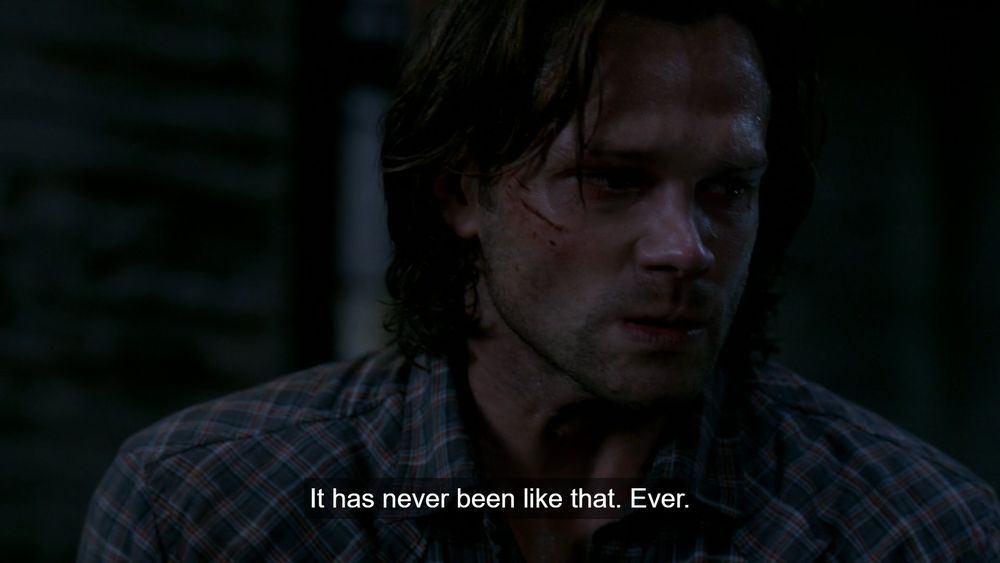 Sam Winchester in plaid shirt with a subtitle "It has never been like that. Ever." on screen. Supernatural 