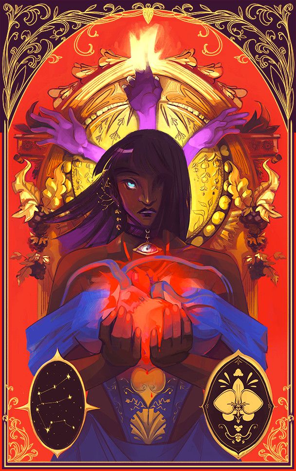 nico robin from one piece standing before an ornate arch while holding a heart in her hands. three purple hands sprout from her head, with the one in the middle pointing directly upwards, its finger glowing in the light