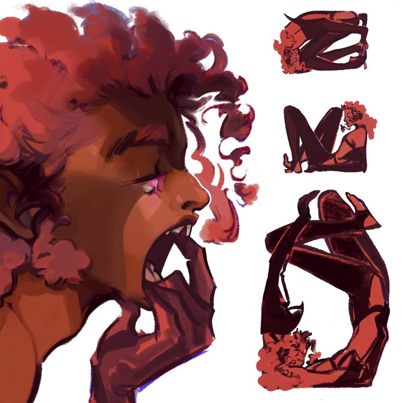 on the left is a headshot of my oc niakah with their fingers in their mouth, on the right are three poses where niakah is following an invisible rectangular frame.