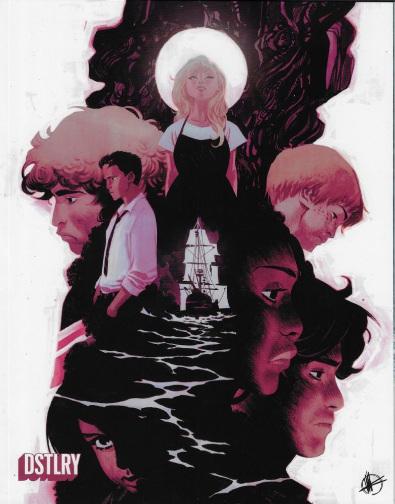 Virgin Variant I of #Endeavour by @stephsmash.bsky.social, @marclaming.bsky.social, Loughridge, Napolitano! Cover by Matteo Scalera, which is a moody black and violet arrangement of character faces forming a dark triangle against a stark white field. The black center forms the backdrop of a silhouetted sailing ship on an ink black night sea with moonlit waves in the foreground.