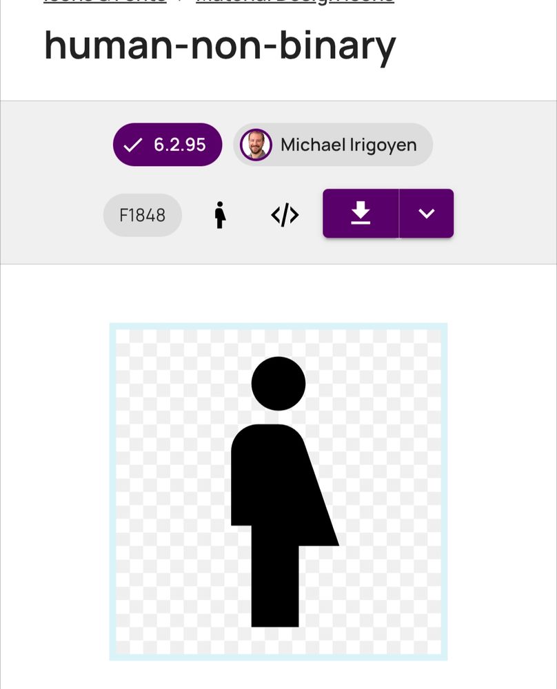 An icon called "human non binary" featuring a stick figure like traditional toilet signage where the left half is the male symbol and the right half is the woman symbol.