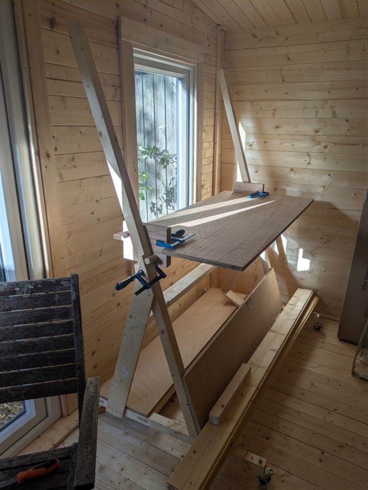 In what I've started thinking of as my kennel I'm building a sit stand desk on castors so I can wheel it in front of the doors when it's nice and out of the way when I want space for more woodwork stuff. 