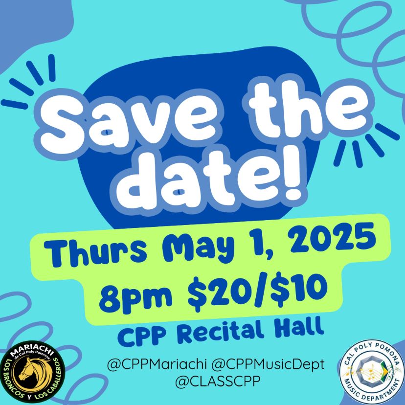 Save the date! An announcement with a light blue background, white, blue and black text, along with periwinkle, dark blue, and light green accents advertises our spring 2025 recital, which will be Thurs May 1, 2025. We go on at 8pm. General admission is $20 with student/senior discounted tickets for $10.
The Recital Hall is at the heart of campus in Building 24, near the Theater Department and across from the library.