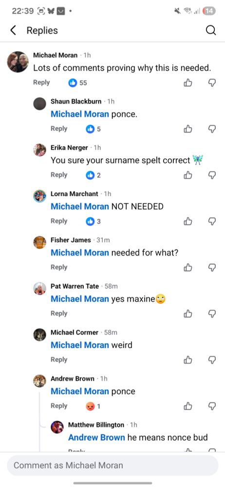 Angry gammon calling me names including "ponce" on Facebook 