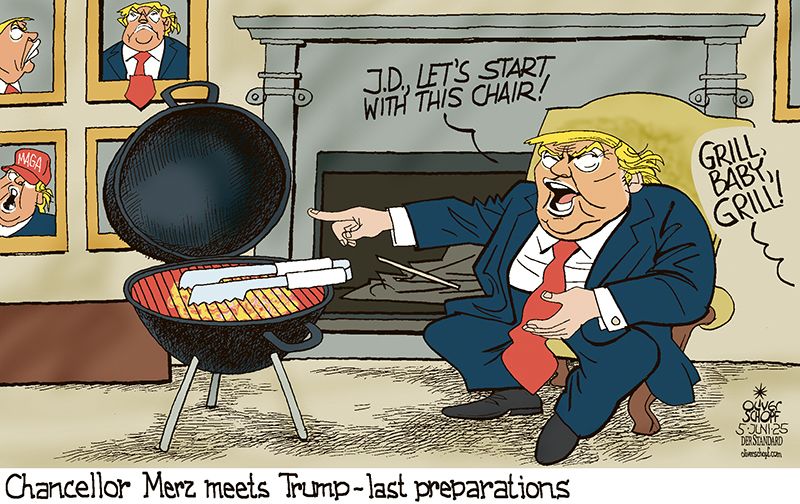 Friedrich Merz, German chancellor, Trump, Oval Office, visit, meeting, hospitality, chair, grill